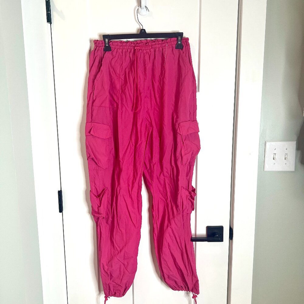 Vintage Y2K Love Streak Bright Pink Cargo Nylon Pull On Utility Jogger Pants L